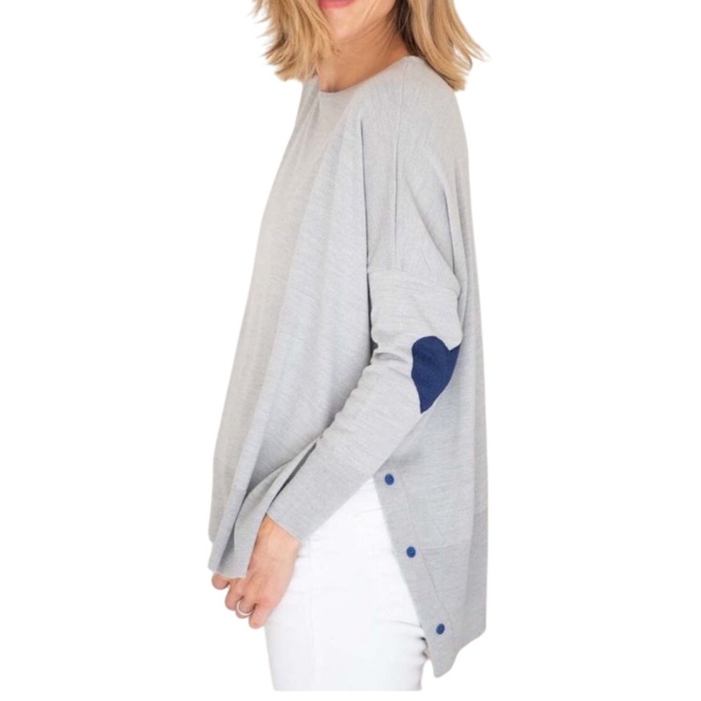 Gray Women's Crew Neck Sweater with Blue Accents